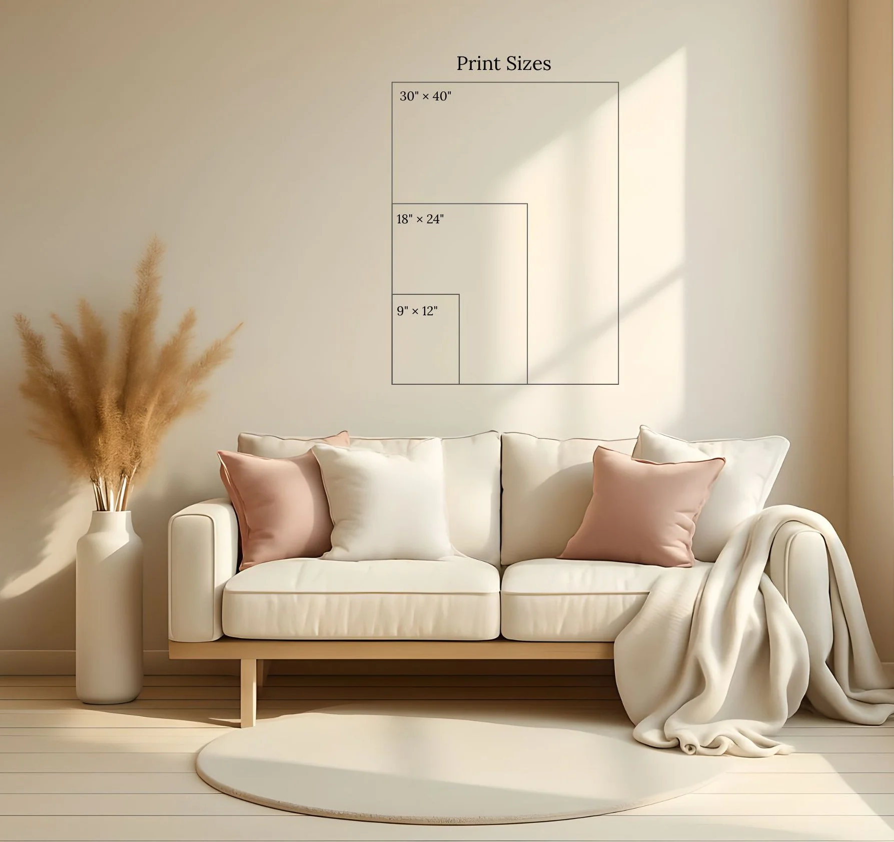 Water lily art print size comparison ranging from 9x12 to 30x40 shown in a living room with a beige couch