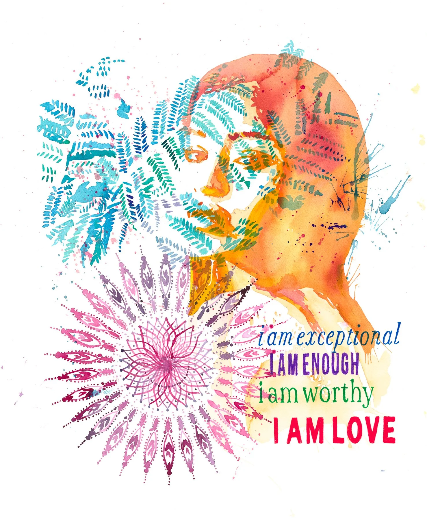 Watercolor Portrait with Positive Affirmation I Am Exceptional