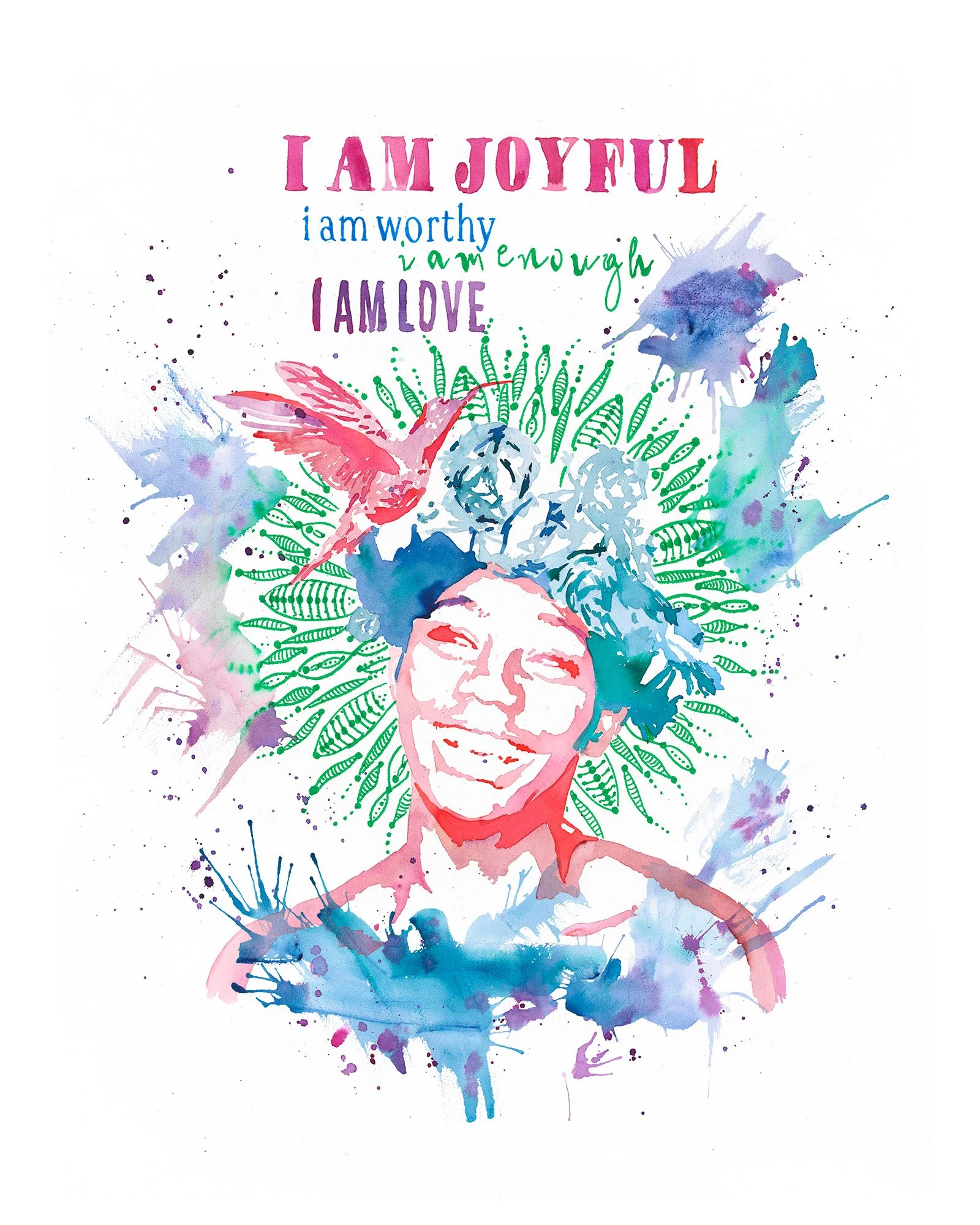 Watercolor Portrait with Positive Affirmation I Am Joyful