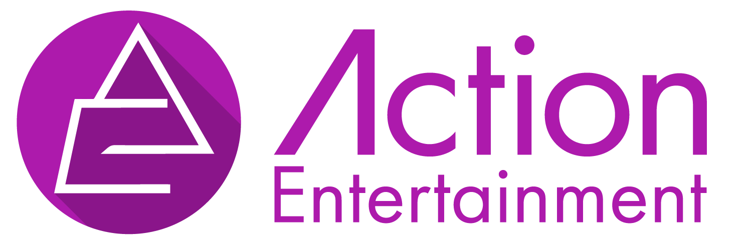Logo of Action Entertainment with a purple circular background and white stylized 'A' and 'E' initials, and the words "Action Entertainment" in purple text.