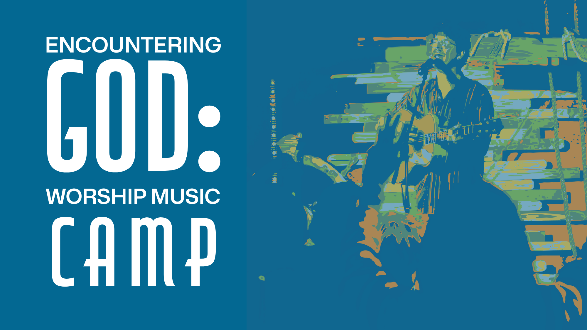 A stylized graphic with a blue background featuring a person playing an acoustic guitar in front of a stack of wooden pallets, with text on the left that reads: 'Encountering God: Worship Music Camp'.