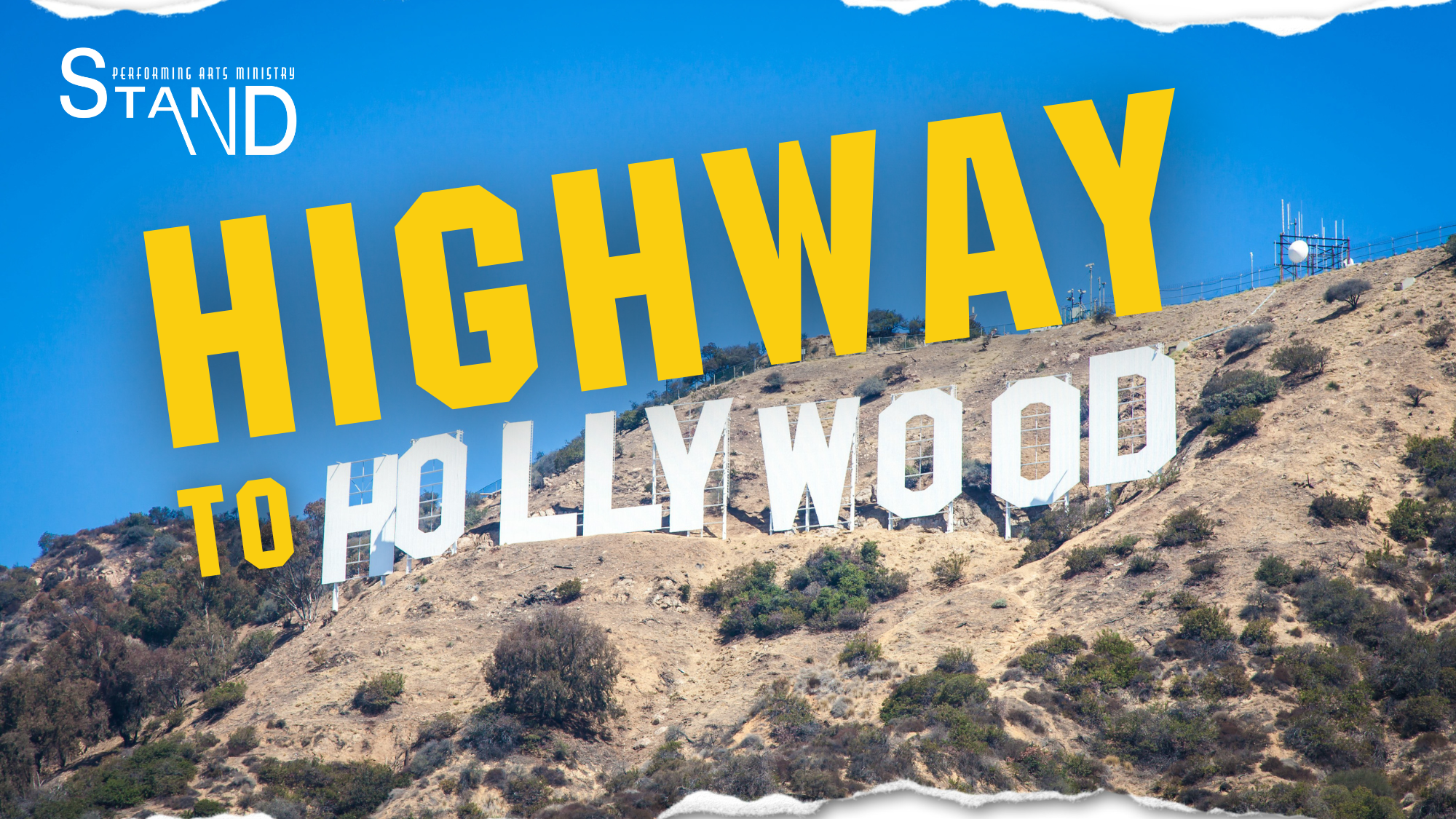 Hollywood sign on a hillside with text overlay reading "Highway to Hollywood."