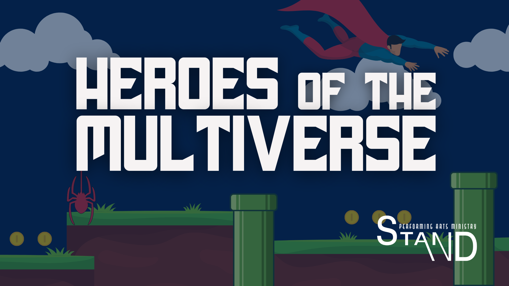 An animated video game scene with a superhero flying above green pipes, grass, and coins, with the title 'Heroes of the Multiverse' in large white letters and 'Stand' in the bottom right corner.