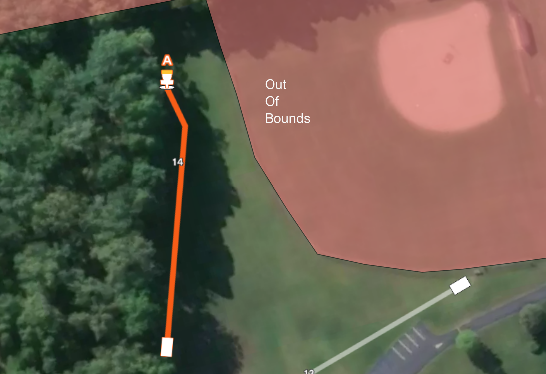 Aerial map of hole #14 at Sand Ridge Disc Golf Course. It shows a straight orange flight path that doglegs left at the end toward basket A. A baseball field marked "Out of Bounds" is located to the right of the fairway.