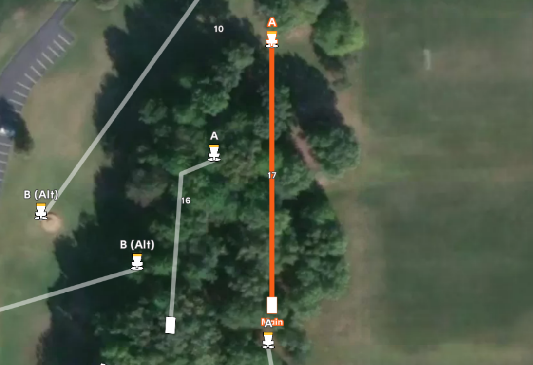 Aerial map of hole #17 at Sand Ridge Disc Golf Course. It features a straight orange flight path through a dense wooded area, starting from the Main tee and leading to basket A, with adjacent holes 10 and 16 also visible.