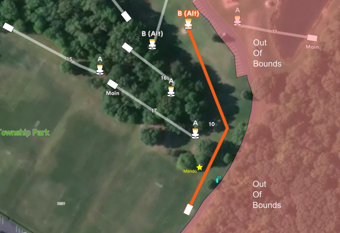 Aerial map of hole #10 at Sand Ridge Disc Golf Course. It shows an orange flight path with a mando star, doglegging right toward basket B (Alt). A cyan Drop Zone (DZ) and red Out of Bounds areas are visible.