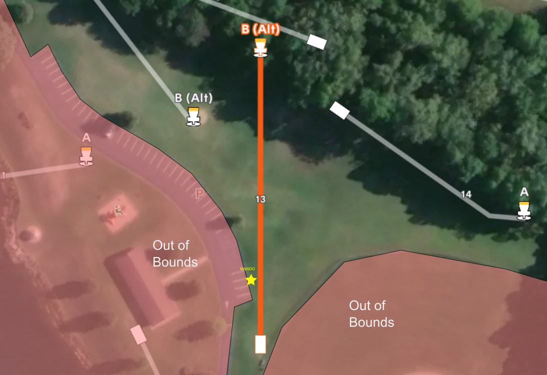 Aerial map of hole #13 at Sand Ridge Disc Golf Course in Lake Township Park. Features a straight orange flight path past a yellow "Mando" star to basket B (Alt). Red Out of Bounds areas and the fairway for hole 14 are also visible.