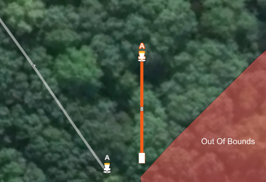 Aerial map of hole #8 at Sand Ridge Disc Golf Course. It shows a straight orange flight path from the tee to basket A through a dense wooded area, with a red "Out Of Bounds" section on the right side.