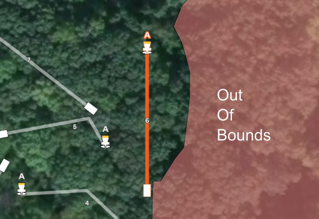 Aerial map of hole #6 at Sand Ridge Disc Golf Course. It shows a straight orange flight path through a wooded area to basket A, with a large red "Out Of Bounds" section bordering the entire right side of the fairway.