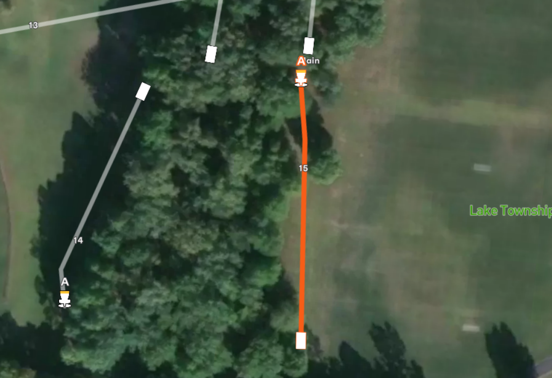 Aerial map of hole #15 at Sand Ridge Disc Golf Course in Lake Township Park. Features a straight orange flight path along a treeline to basket A. Adjacent fairways for holes 13 and 14 are also shown.