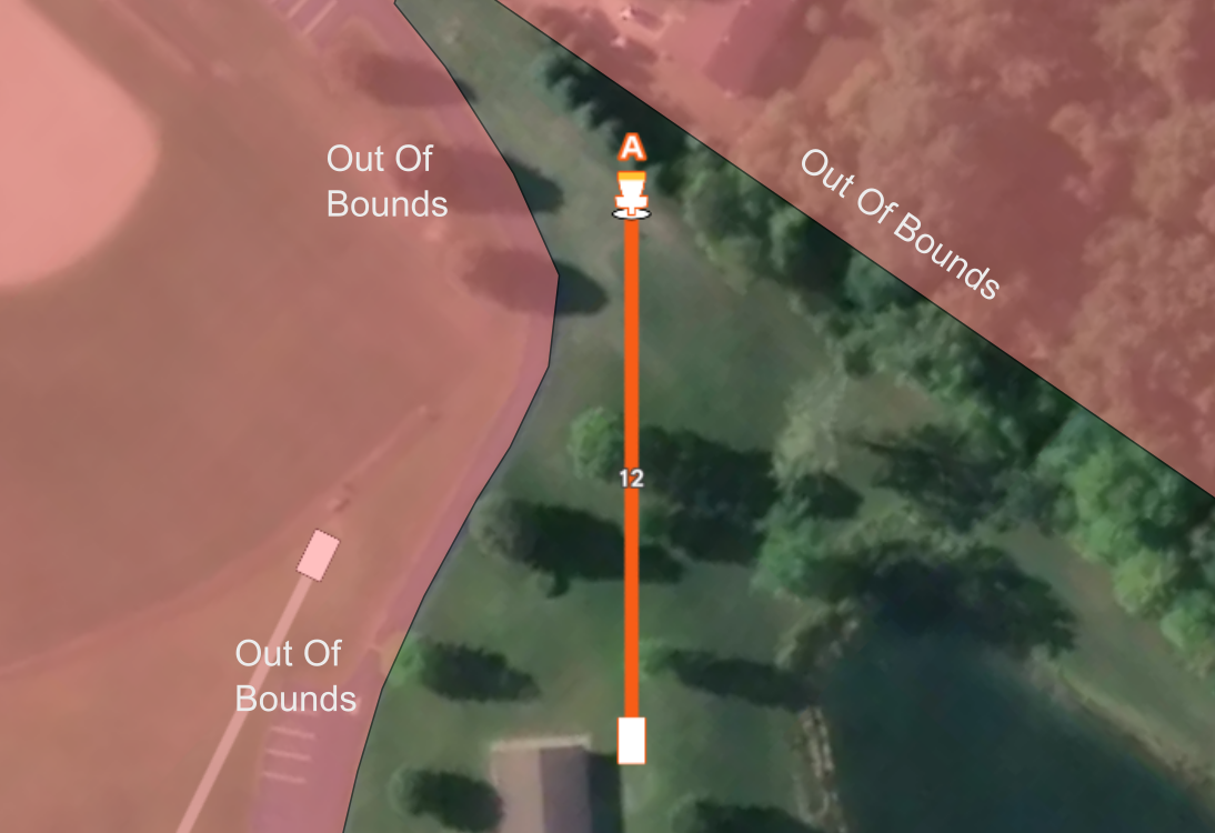 Aerial map of hole #12 at Sand Ridge Disc Golf Course. It shows a straight orange flight path through a grassy fairway to basket A, with large red "Out Of Bounds" areas on both the left and right sides.
