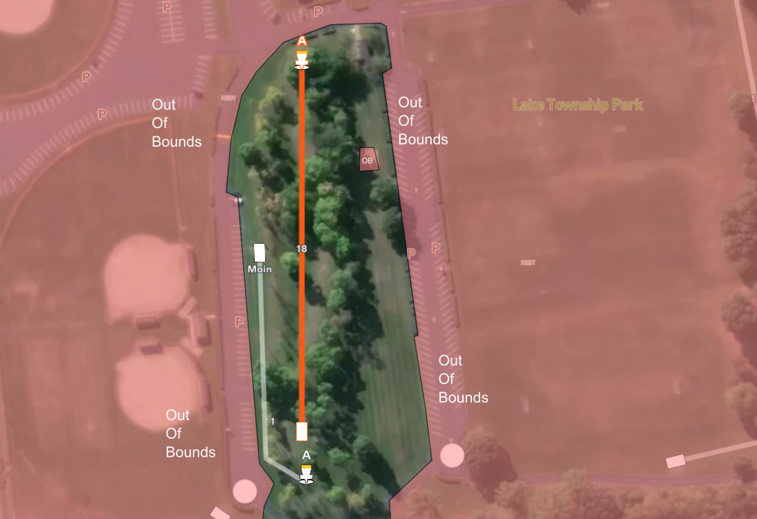 Aerial map of hole #18 at Sand Ridge Disc Golf Course in Lake Township Park. Shows a narrow fairway with red OB parking lots, an orange flight path to basket A, and a white line to the Main basket.