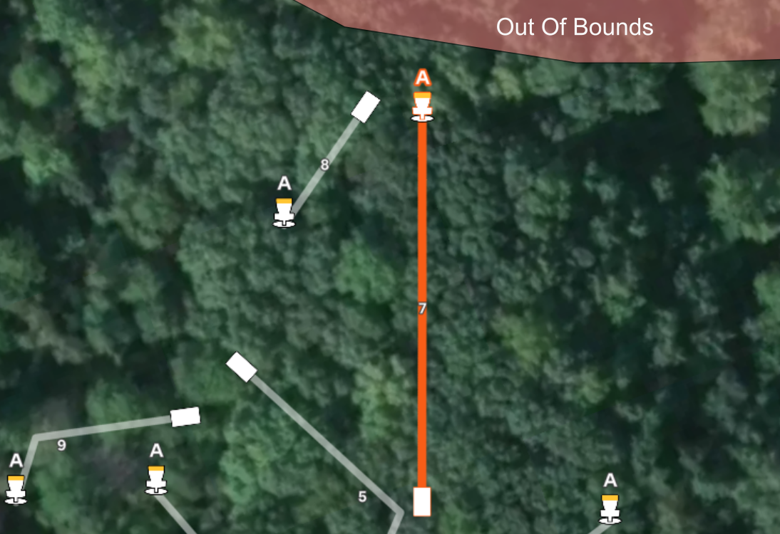 Gemini said Aerial map of hole #7 at Sand Ridge Disc Golf Course. It shows a straight orange flight path from the tee through a dense wooded area to basket A. Portions of the paths for holes 5, 8, and 9 are also visible.