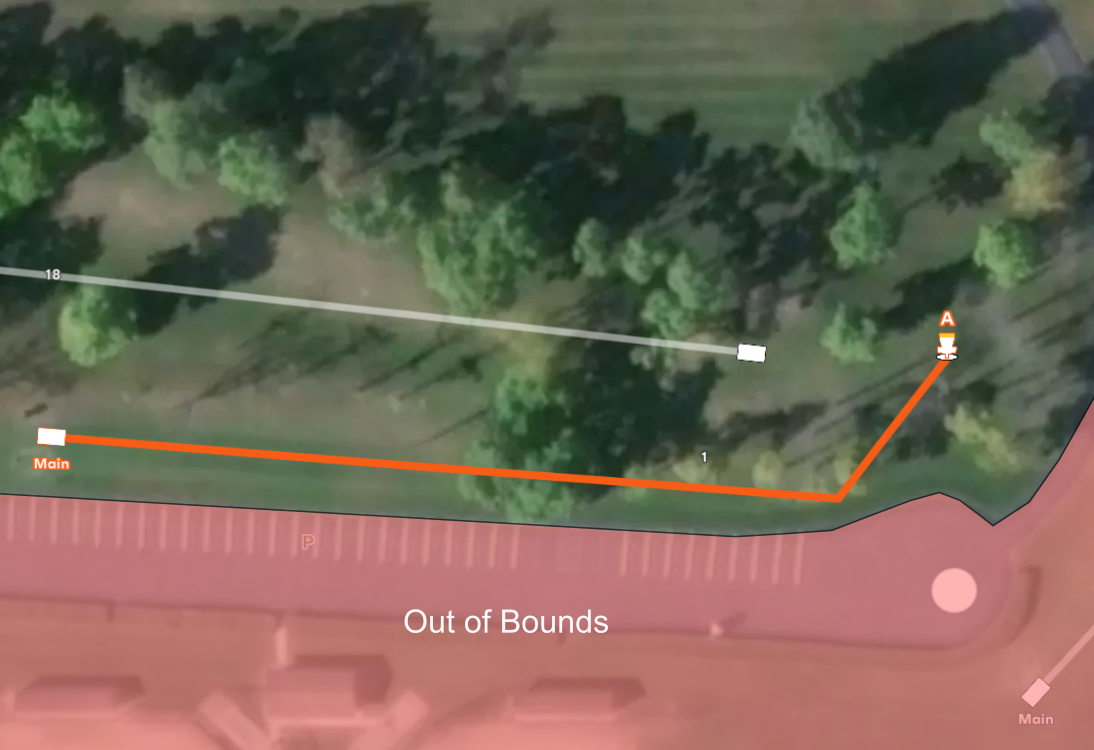 Aerial map of hole #1 at Sand Ridge Disc Golf Course. Shows an orange flight path from the Main tee doglegging right to basket A, with a red "Out of Bounds" parking lot along the bottom. Part of hole 18 is also visible.