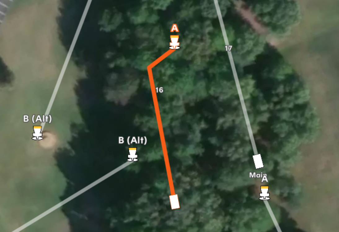 Aerial map of hole #16 at Sand Ridge Disc Golf Course. Features an orange flight path through trees that turns right toward basket A. Includes grey paths for alternate baskets B (Alt) and hole 17.