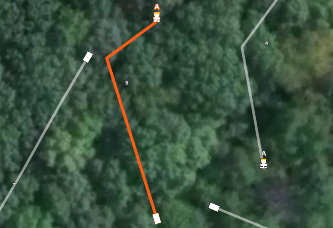 Gemini said Aerial map of hole #5 at Sand Ridge Disc Golf Course. It shows a dogleg-right orange flight path through a dense wooded area, leading from the tee to basket A. Paths for holes 4 and 7 are also visible in the background.