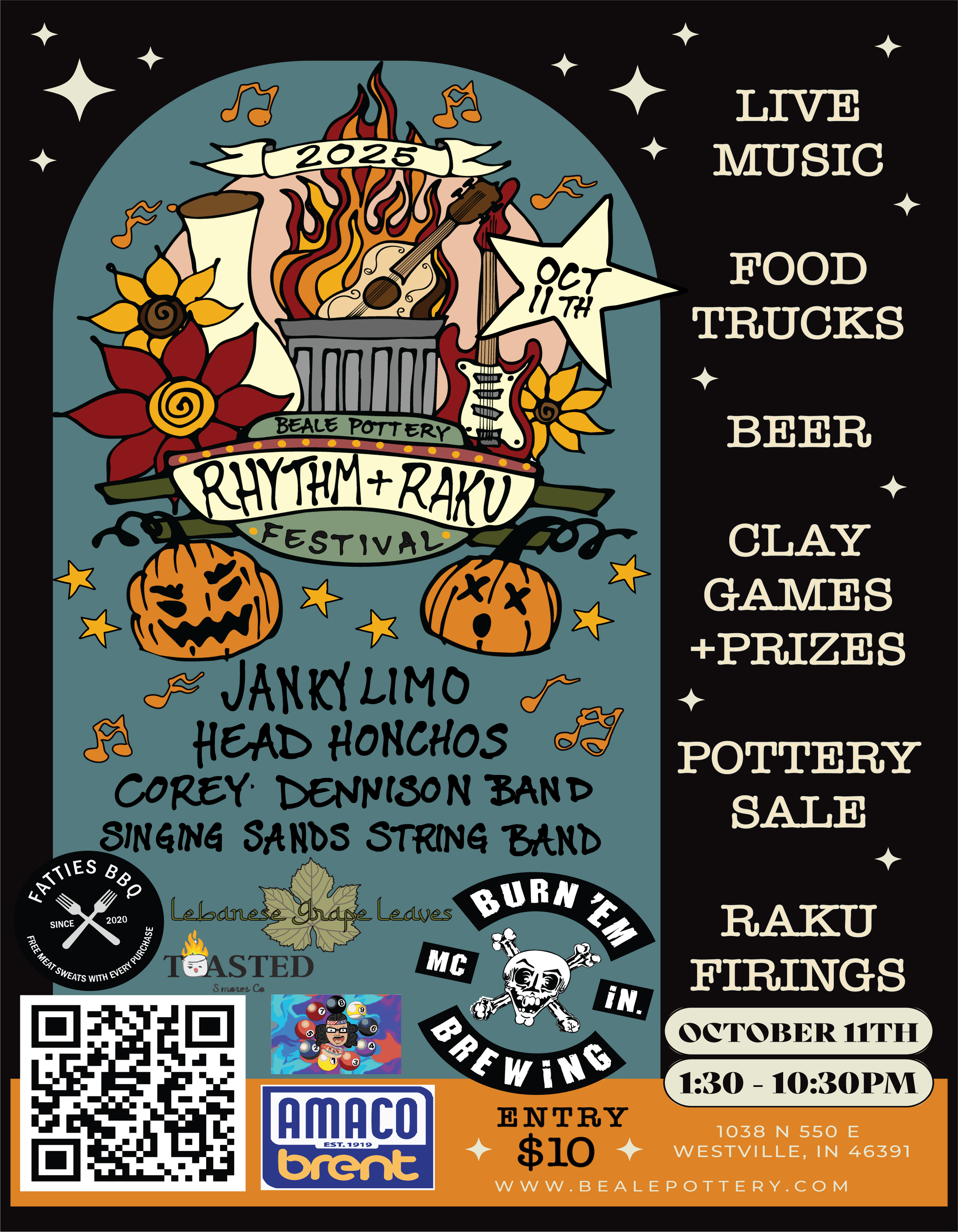 Event poster for the 2025 Rhythm + Raku Festival on October 11th, featuring live music, food trucks, beer, clay games, prizes, and a pottery sale, with performances by Janky Limo, Head Honchos, Corey Dennison Band, and Singing Sands String Band, including Halloween-themed decorations like pumpkins and autumn leaves.