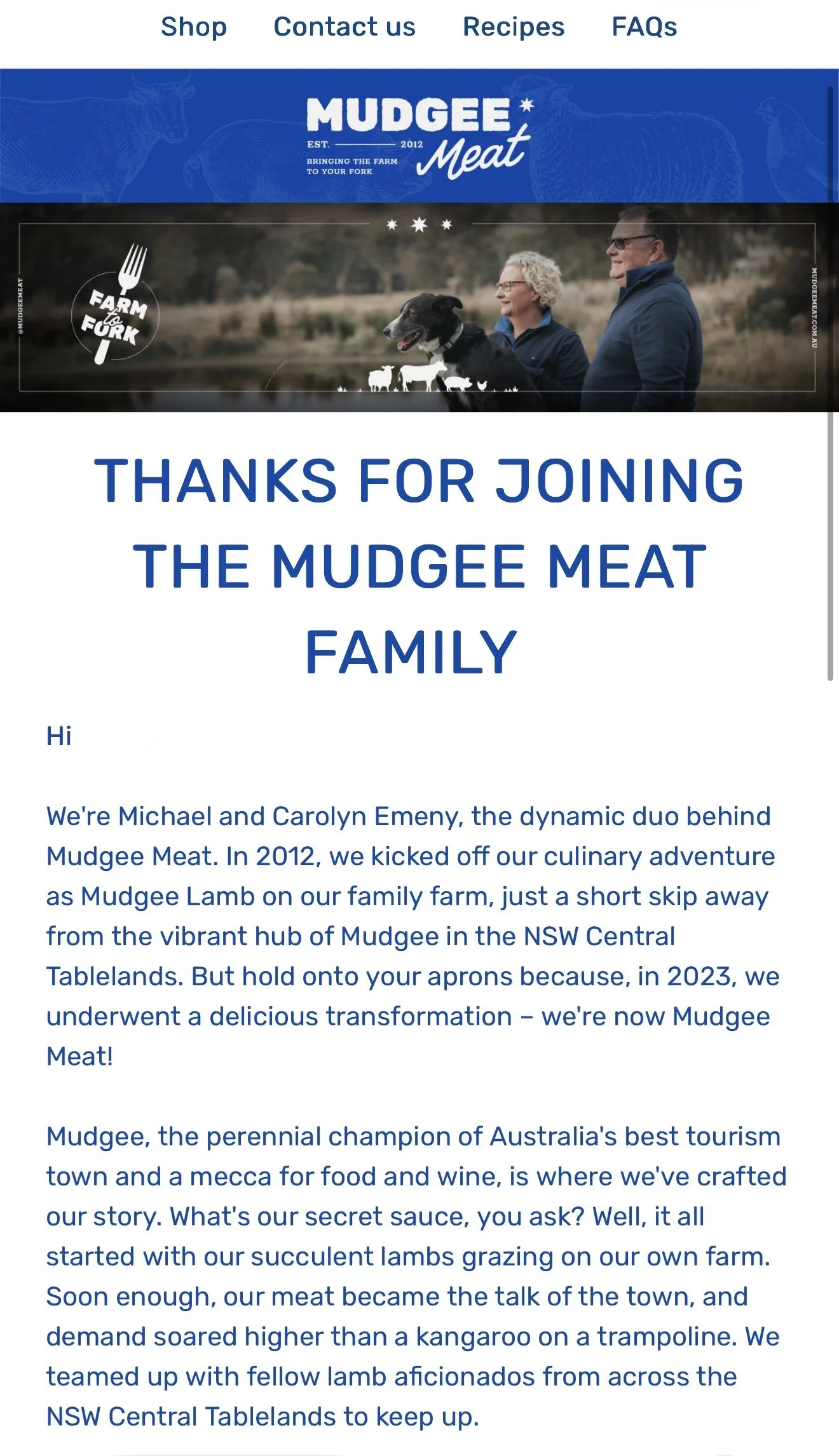 Mudgee Meat Welcome Email Example