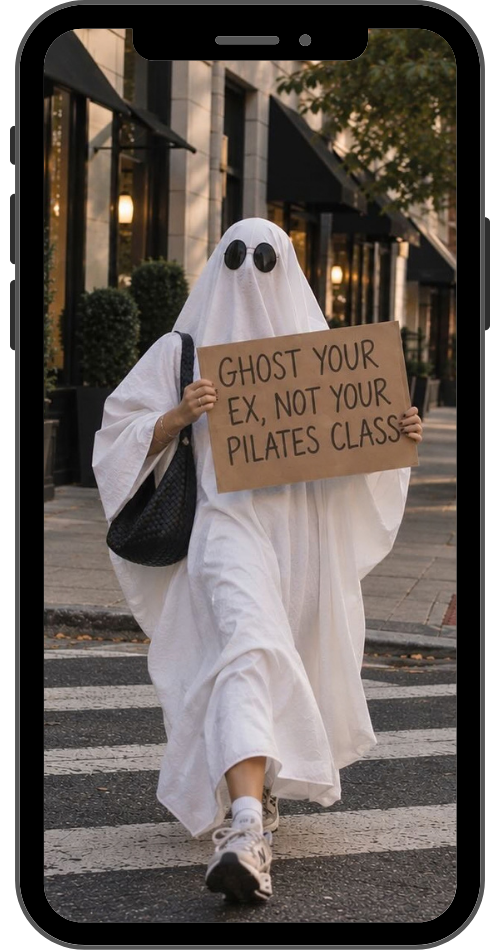 Ghost Your Ex Not Halloween social media trend October 2026 - ghost costume with sign content format for beauty wellness and fitness brands