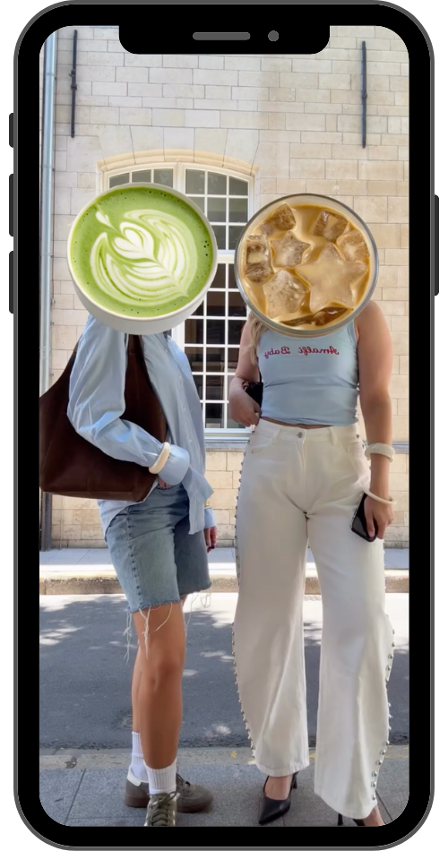 Different Personalities Instagram trend - two creators with matcha and iced coffee edited over their faces