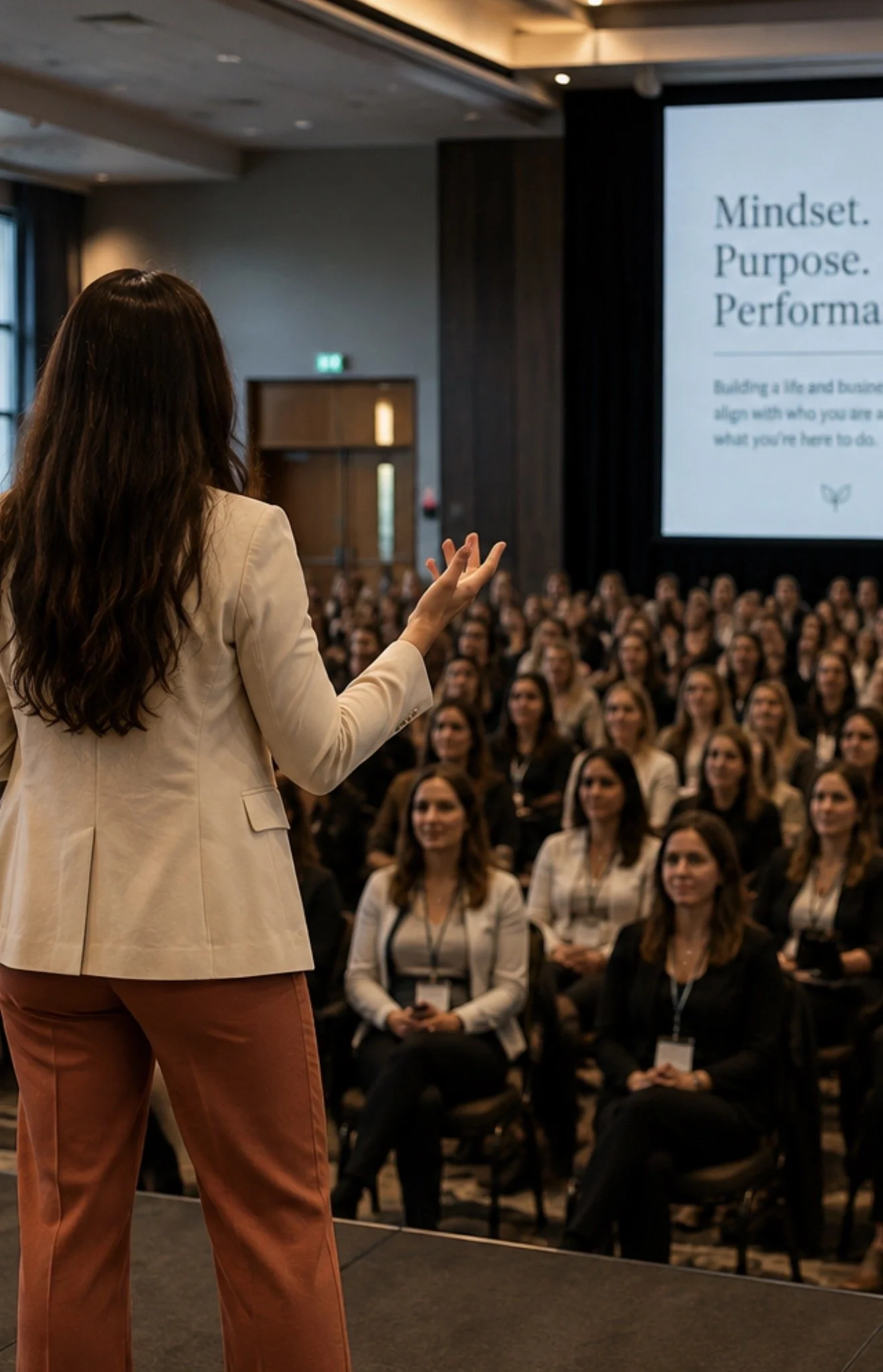 A woman giving a presentation or speech in front of an audience in a conference room. The audience consists of many women seated and listening. A projection screen behind the presenter displays the words 'Mindset. Purpose. Performance.' along with additional text.