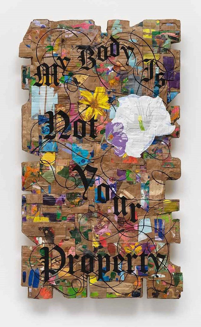  Andrea Bowers 
 
  Recycled Paint Palette Series (My Body Is Not Your Property) ,  2025  