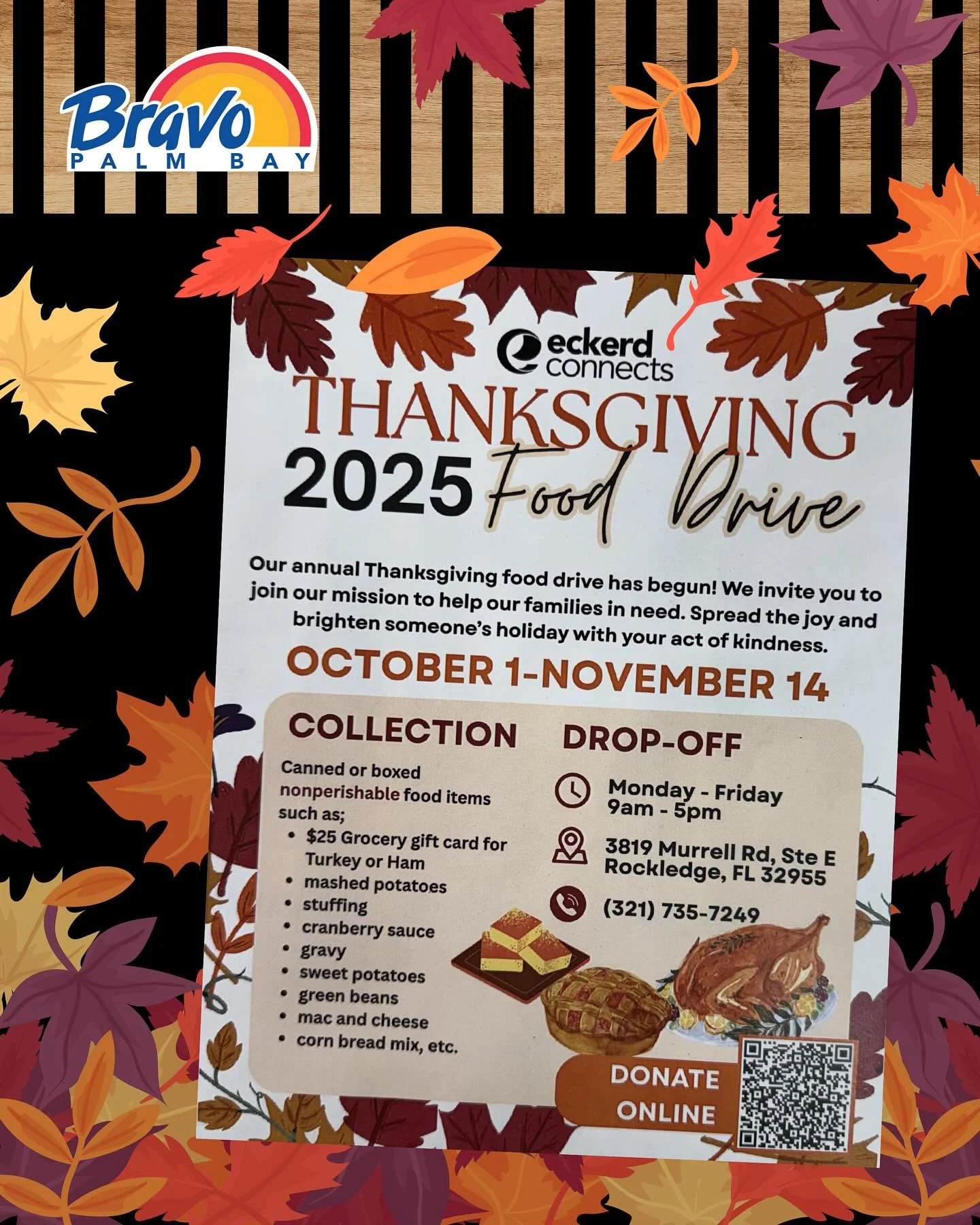 THANKSGIVING FOOD DRIVE🍂🦃
We have partnered up with Eckerd Connects to be a location where you can donate for families in need. Spread the joy and brighten someone&rsquo;s holiday with your act of kindness.

🛒🛒🛒🛒🛒🛒🛒

CAMPA&Ntilde;A DE COMIDA