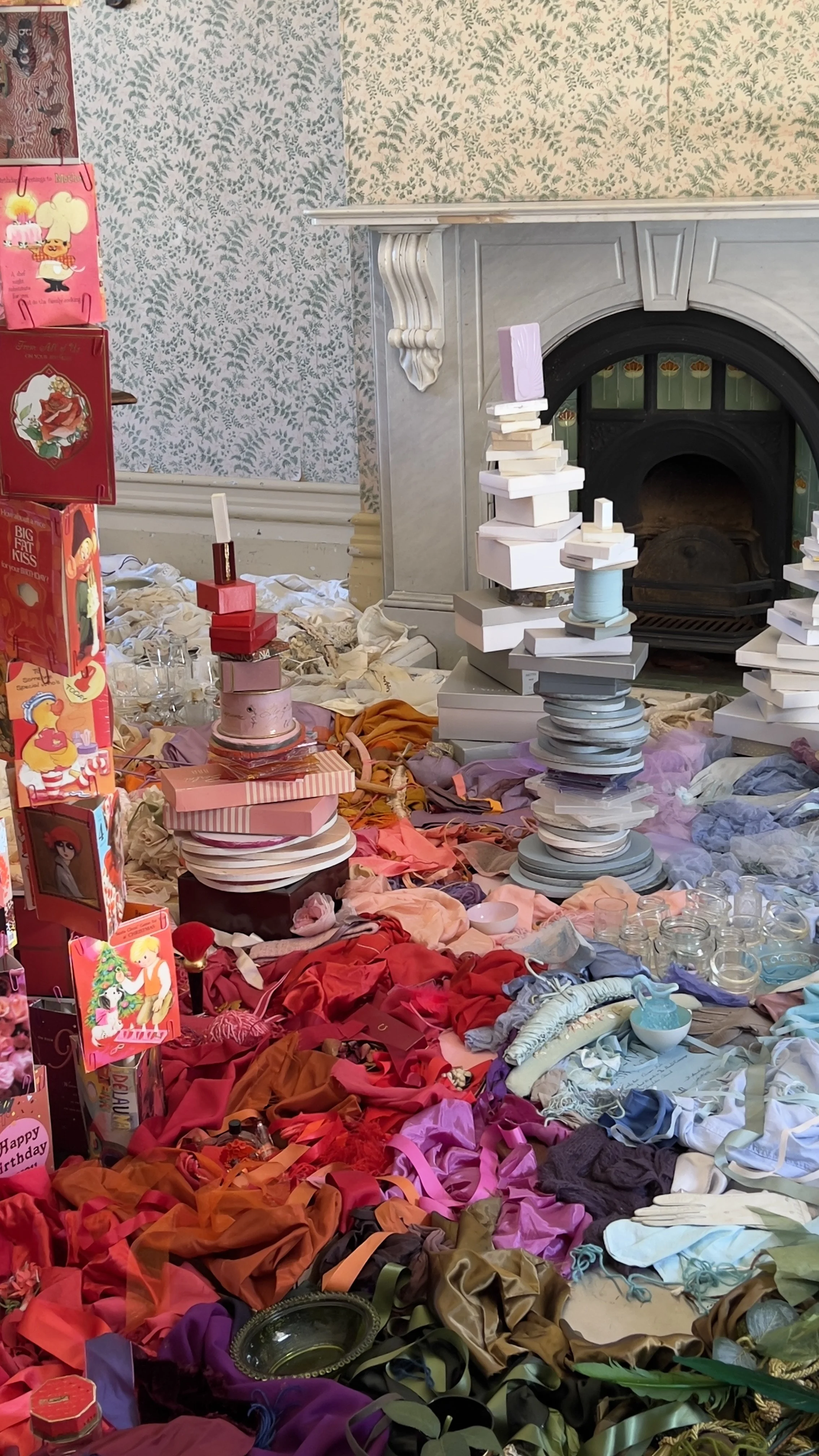 Lauren Berkowitz, 'Garment of Days', 2026, mixed media, remnant fabric, glass, china, boxes, plastic and greeting cards. Dimensions Variable