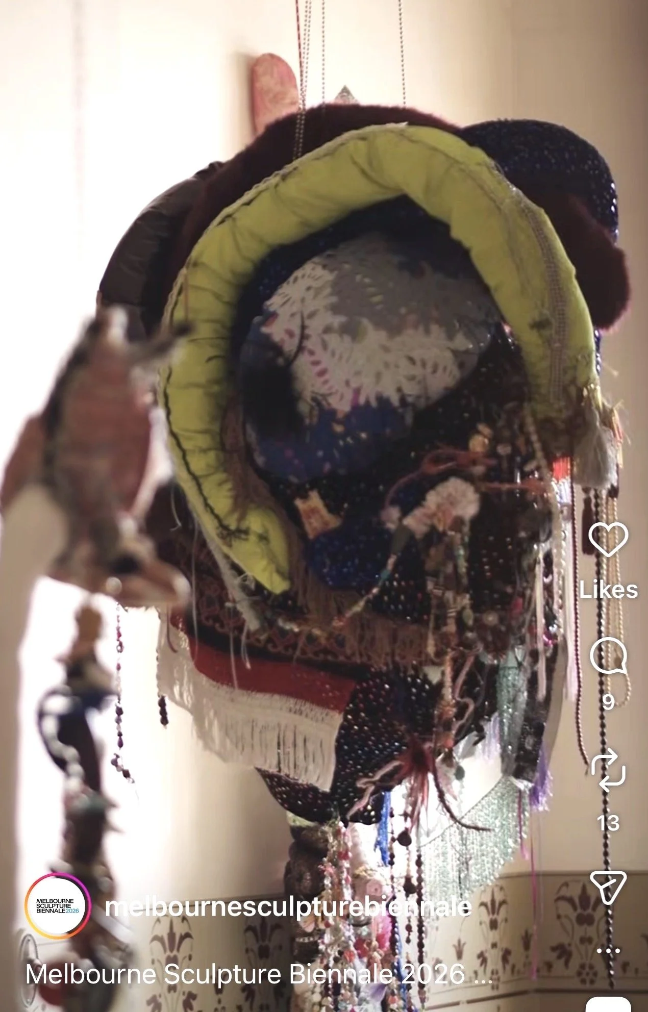 Bronwyn Hack, 'My heart, something has gone wrong with it. (Because there is stuff on it), 2026, beads, cotton thread, material, mixed media, stuffing.100 x 27 x 55cm