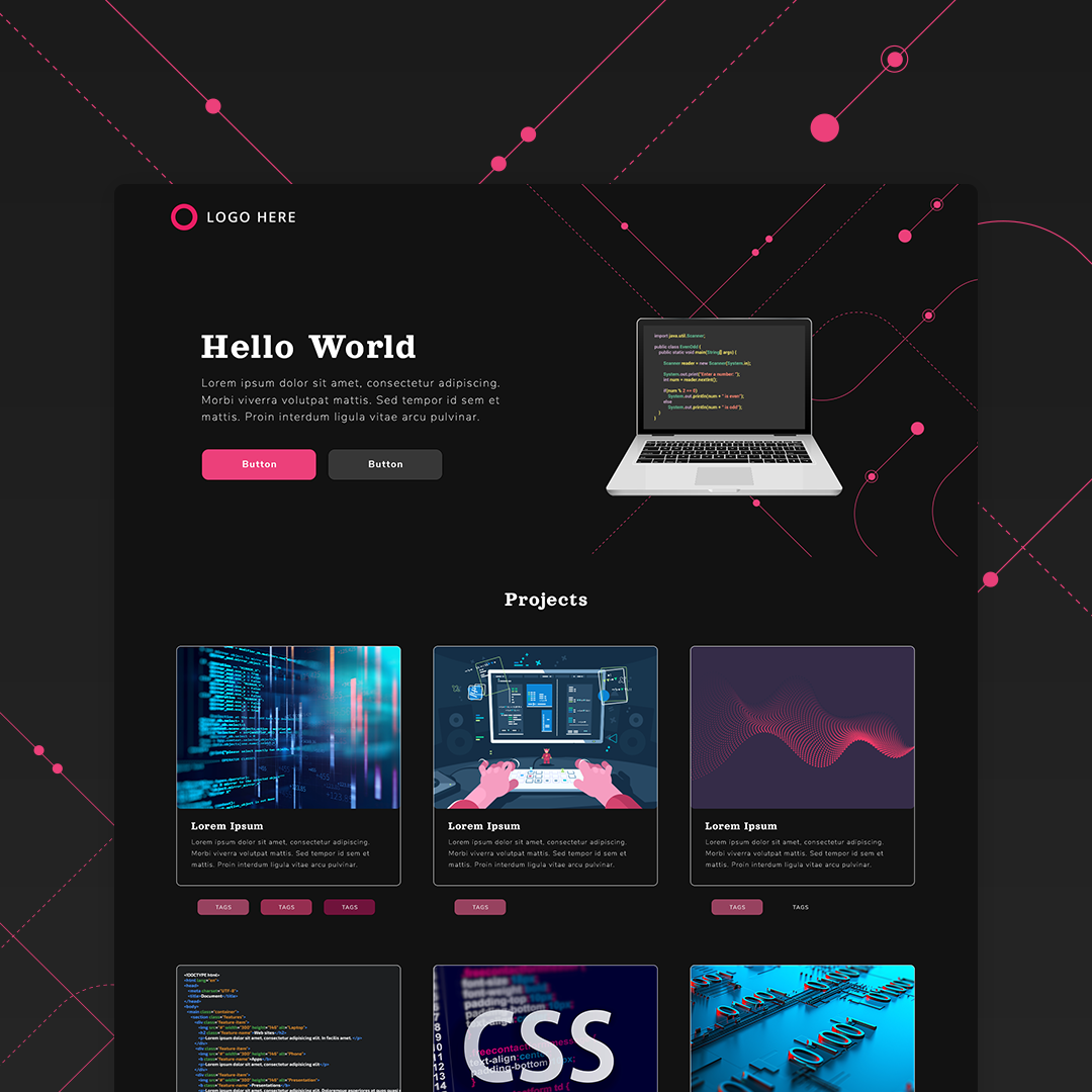 Website layout design with a "Hello World" section, laptop graphic, project showcases, and decorative elements. Includes sample text and buttons.