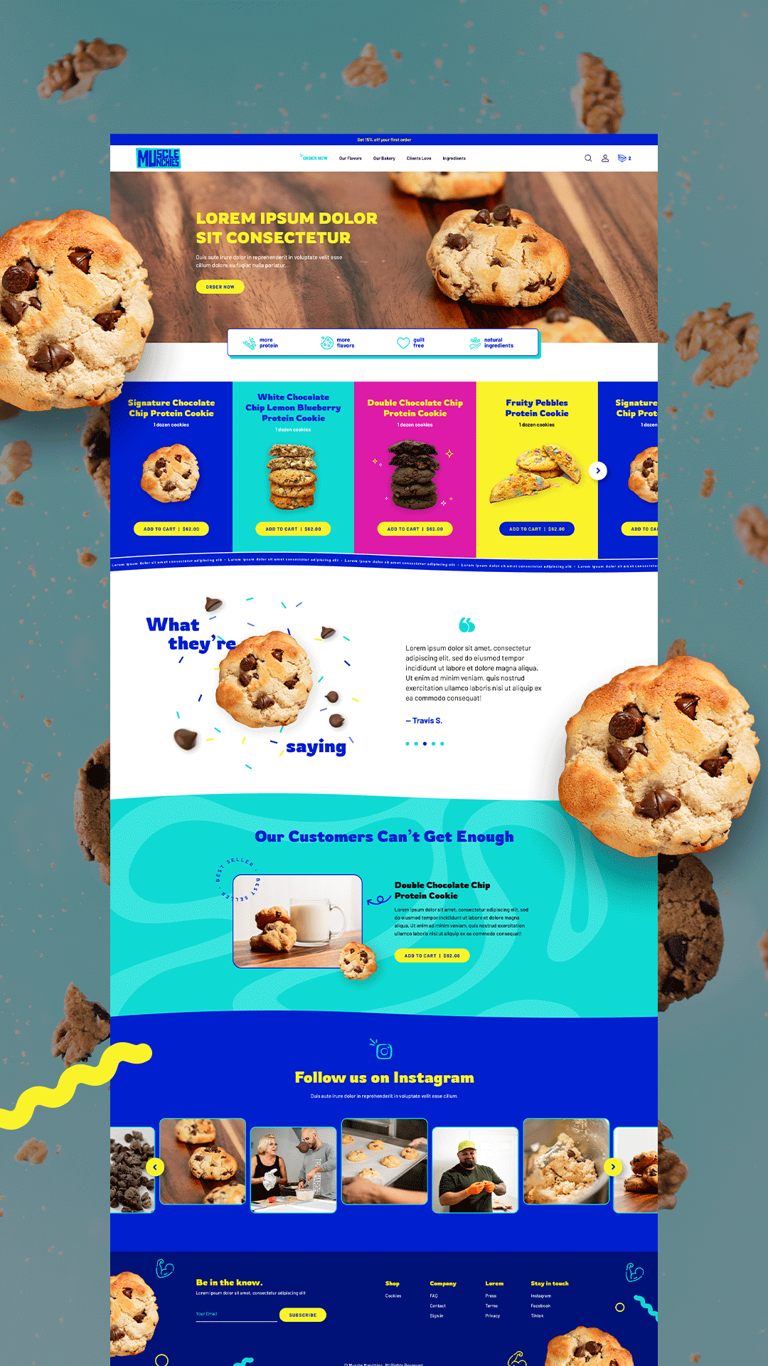 Webpage design for a cookie company featuring chocolate chip cookies, customer testimonials, product details, and Instagram photos.