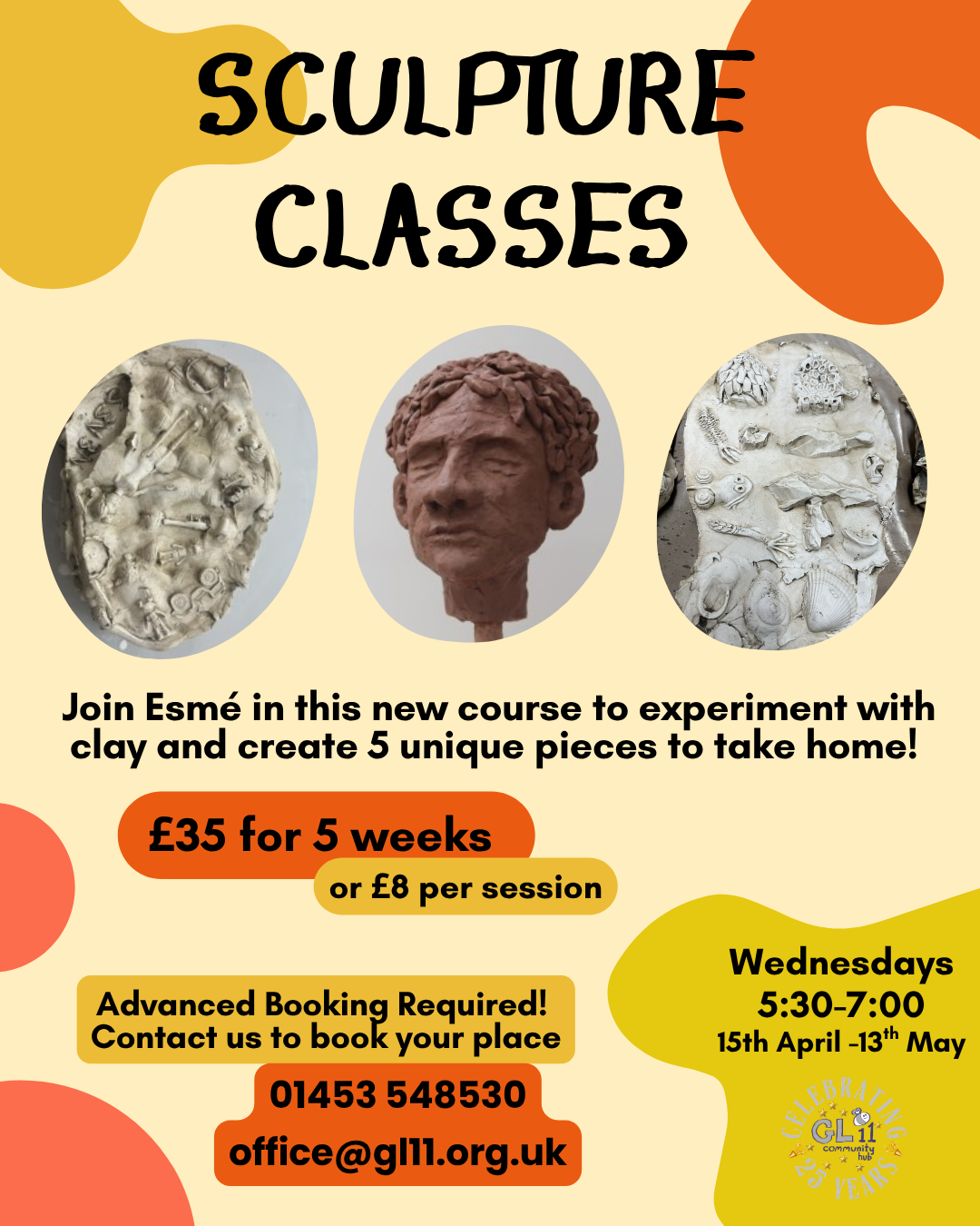 Sculpture classes. Join Esmé in this new course to experiment with clay and create 5 unique pieces to take home! £35 for 5 weeks, or £8 per session. Advanced booking required! Wednesdays 5:30 - 7pm.