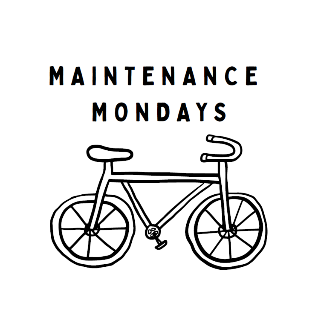 Cartoon image of a bike with text 'Maintenance Mondays'