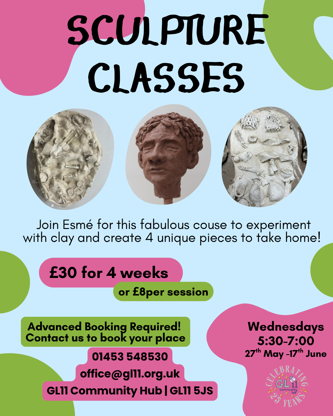Sculpture classes. Join Esmé for this fabulous couse to experiment with clay and create 4 unique pieces to take home! £30 for 4 weeks, or £8 per session. Advanced booking required! Contact us to book. Wednesdays 5:30 - 7pm. 27 May - 17 June.