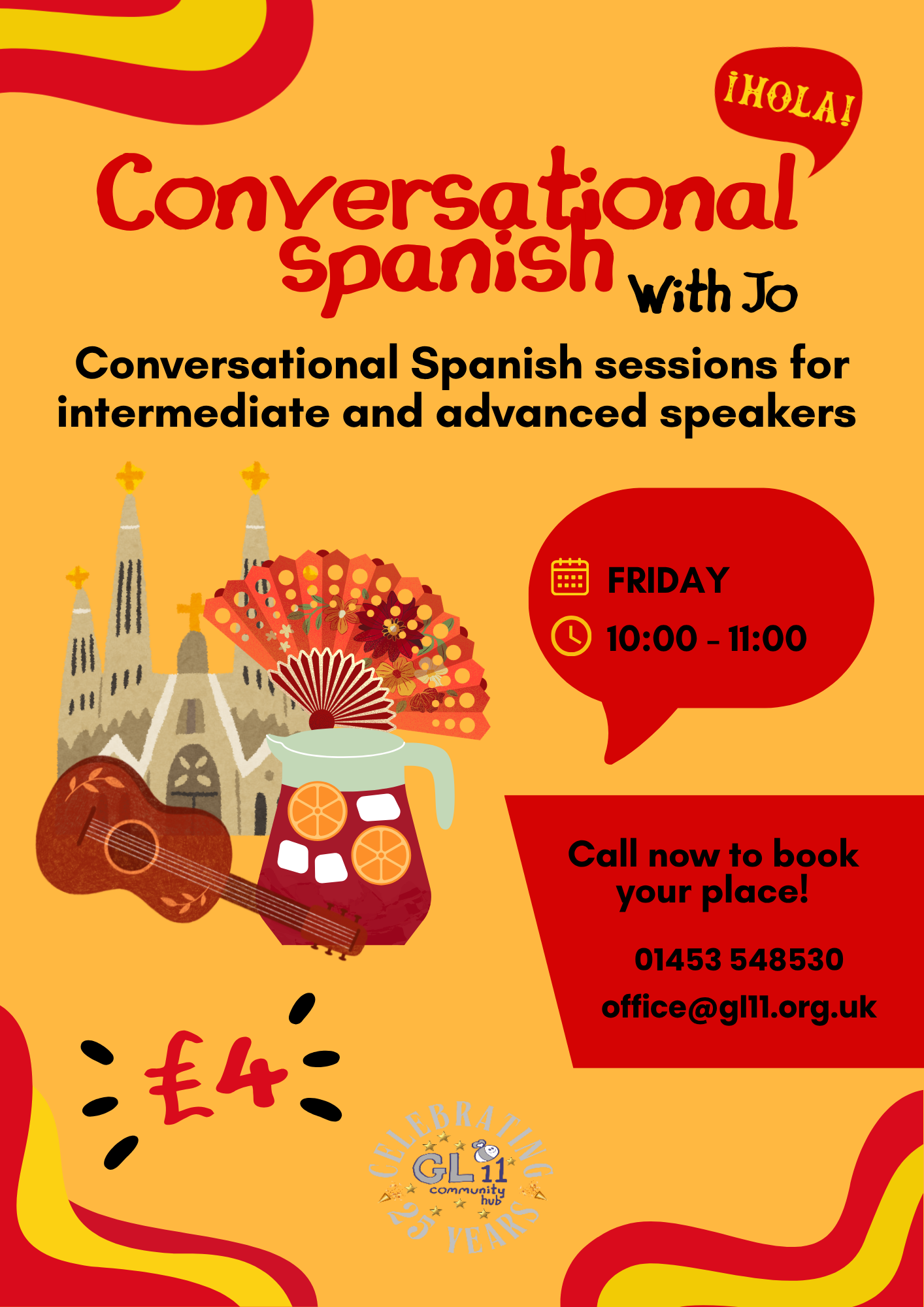Hola! Conversational Spanish with Jo. Conversational Spanish sessions for intermediate and advanced speakers. Friday 10:00 - 11:00. Call now to book your place!