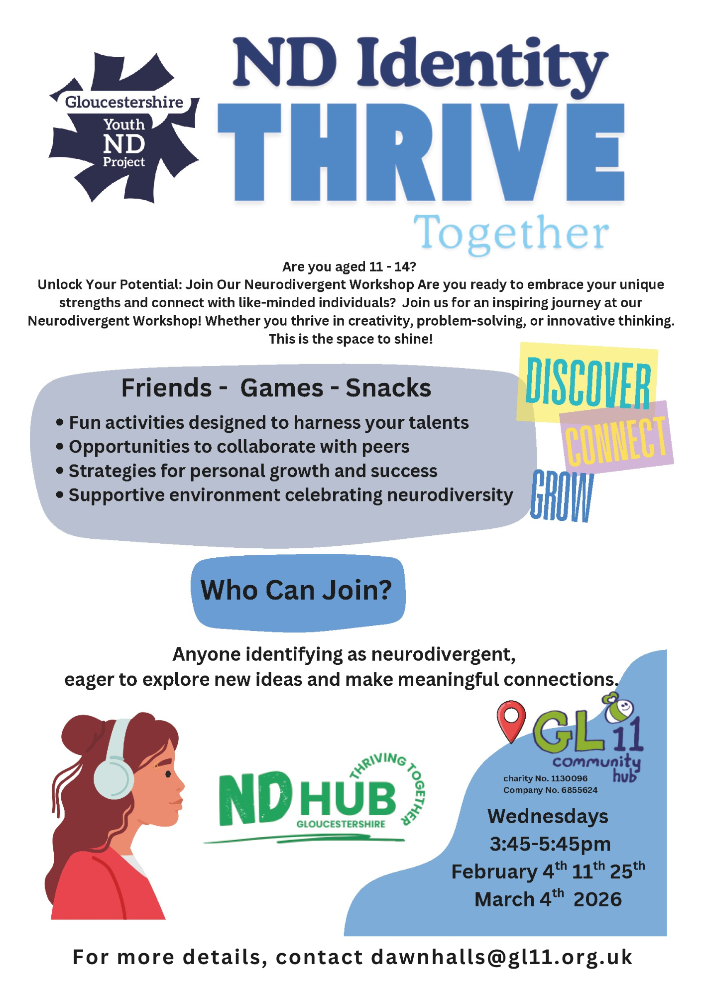 Flyer for workshop inviting neurodivergent youth aged 11-14 to join creative sessions with friends, games, and snacks.