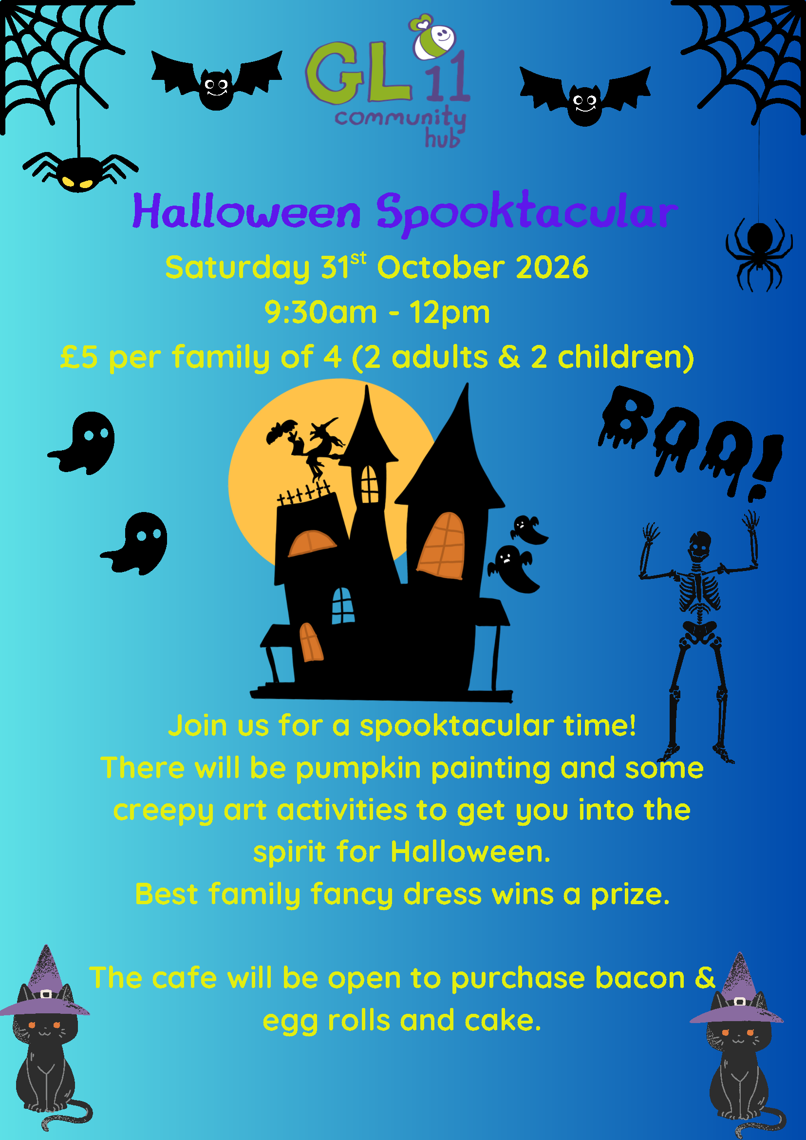 Halloween Spooktacular. Saturday 31st October 2026. 9:30am - 12pm. £5 per family of 4 (2 adults and 2 children). Join us for a spooktacular time! There will be pumpkin painting and some creepy art activities to get you into the spirit for Halloween.