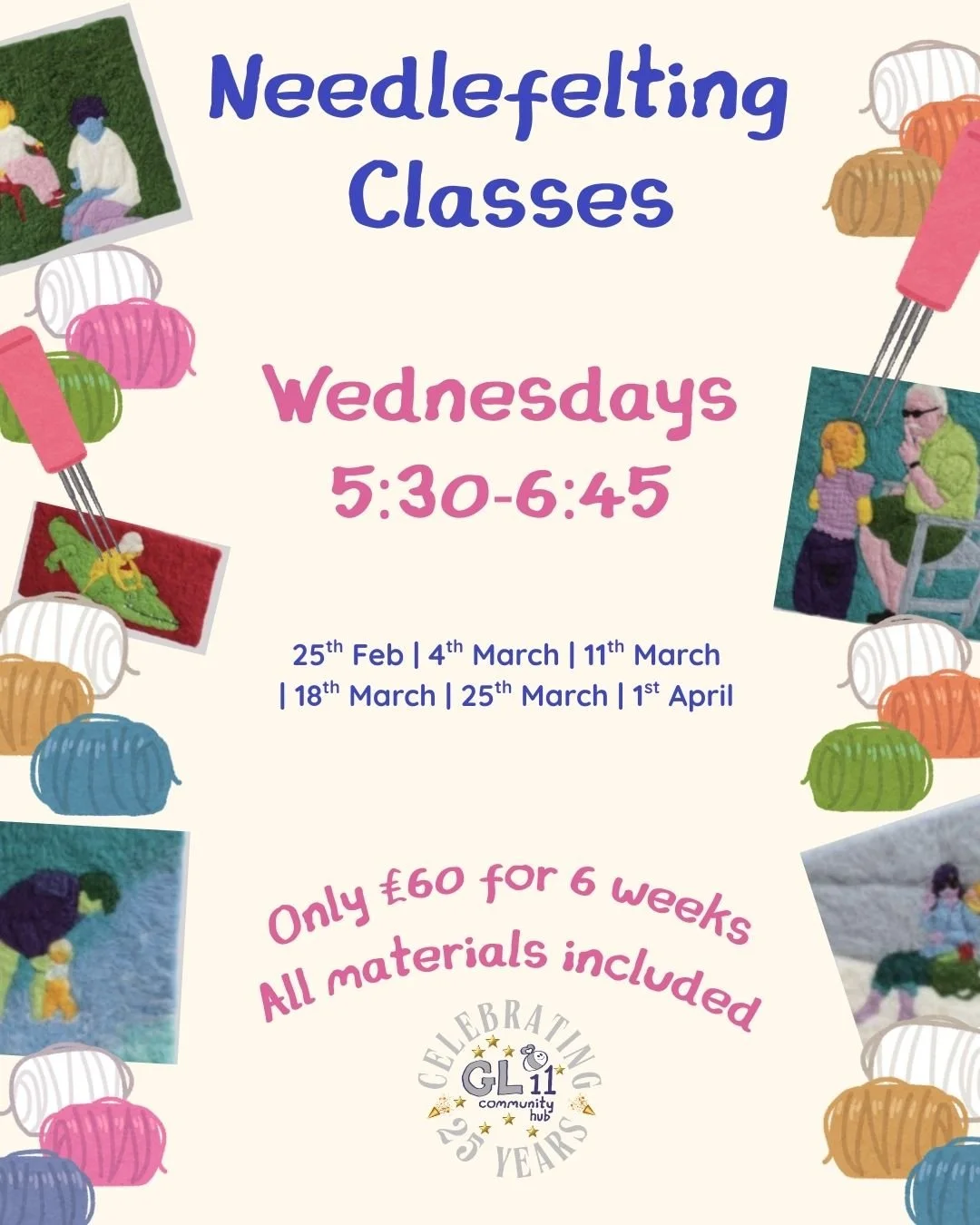 Needlefelting Classes. Wednesdays 5:30 - 6:45. 25th Feb. 4th Mar. 11th Mar. 18th Mar. 25th Mar. 1st Apr. Only £60 for 6 weeks. All materials included.