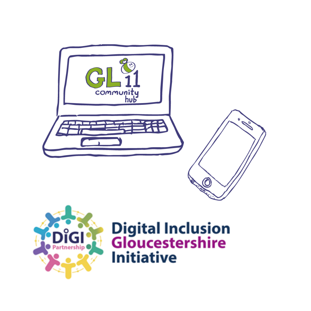 Line drawing of a computer and a mobile phone, plus the logo for Digital Inclusion Gloucestershire Initiative