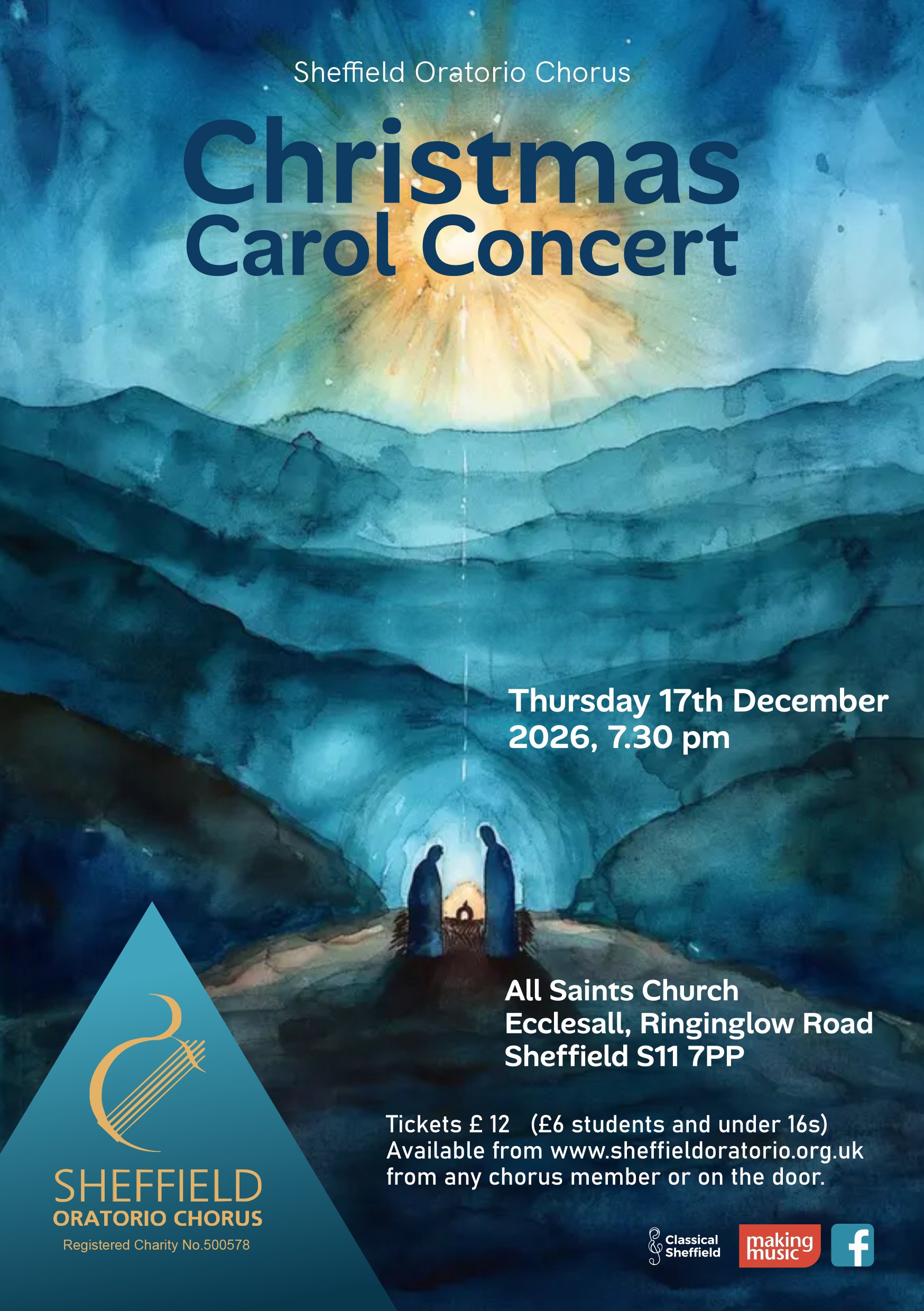Sheffield Oratorio Chorus Christmas Carol Concert poster showing a mosaic of a crib scene with Mary and Joseph standing over the manger in the stable with animals in background