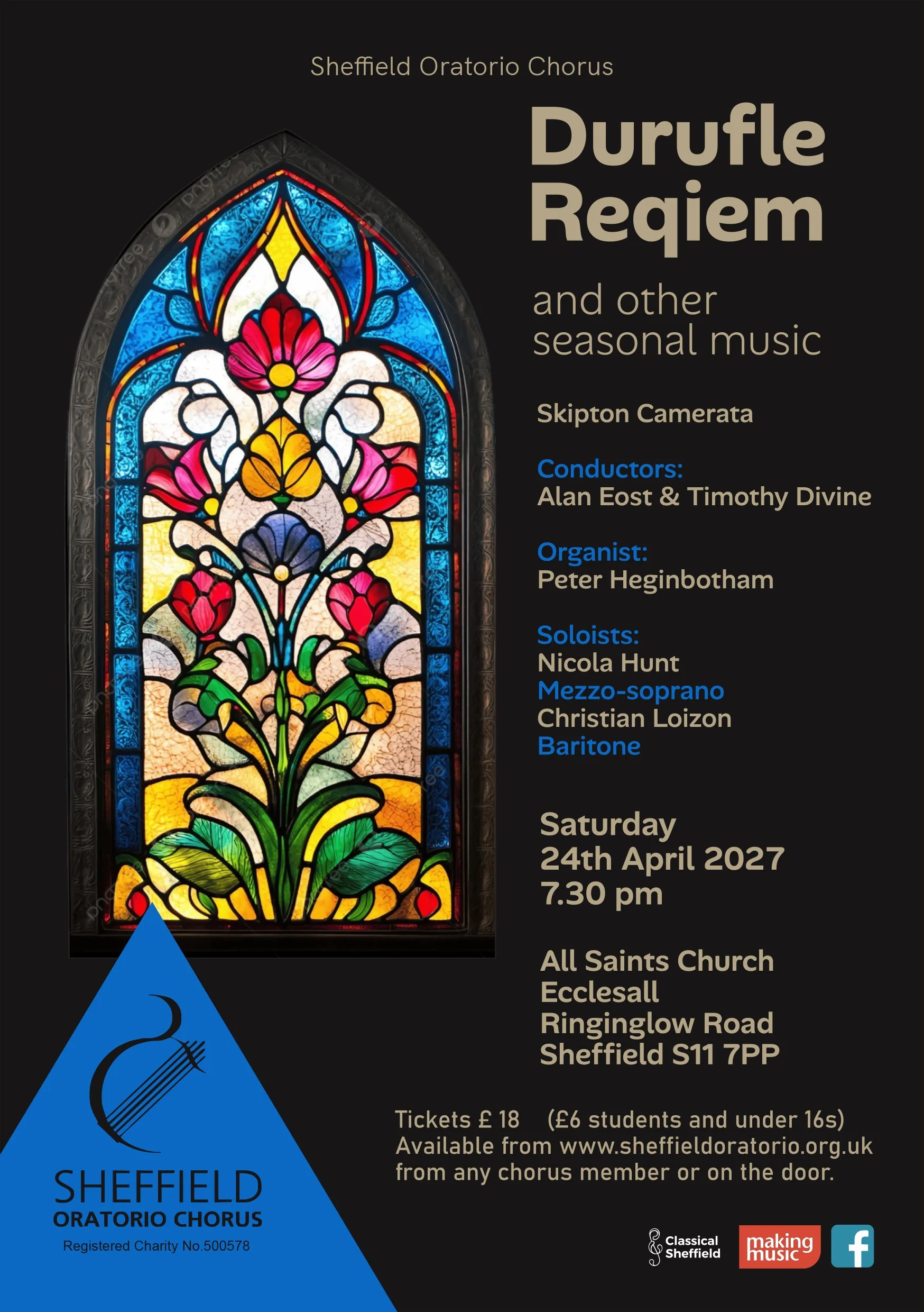 Sheffield Oratorio Chorus Handel & Britten Flyer showing pre-Raphaelite angel with feathered wings and glowing halo