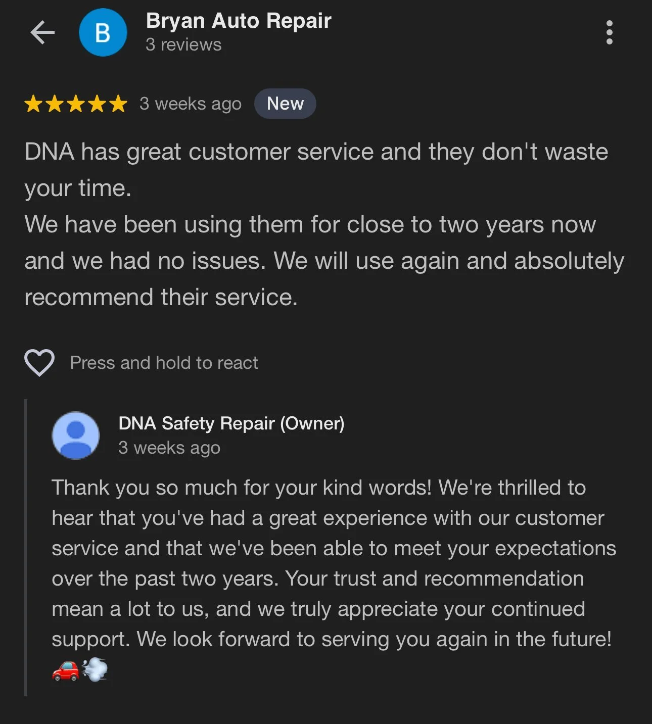 Screenshot of a 5-star Google review by Bryan Auto Repair about their experience over close to two years, with a reply from DNA Safety Repair (Owner)
