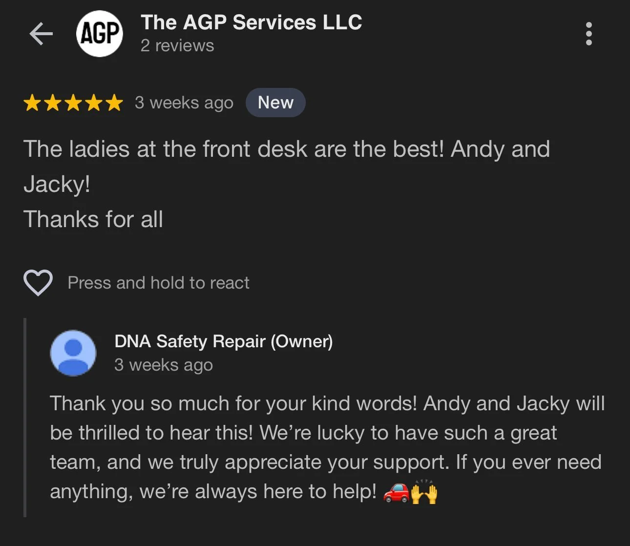 Screenshot of a 5-star Google review by The AGP Services LLC praising the front desk team, with a reply from DNA Safety Repair (Owner)