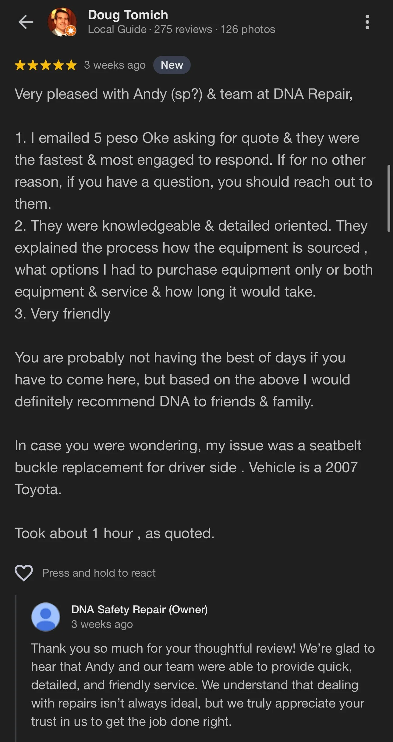 Screenshot of a 5-star Google review by Doug Tomich about a seat belt buckle replacement, with a reply from DNA Safety Repair (Owner)