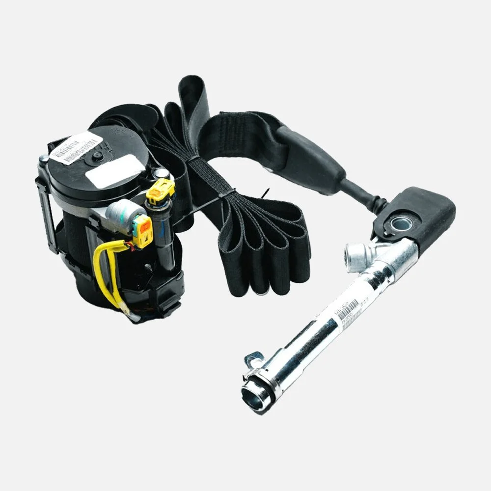 Complete black seat belt and retractor assembly with its extended metal component
