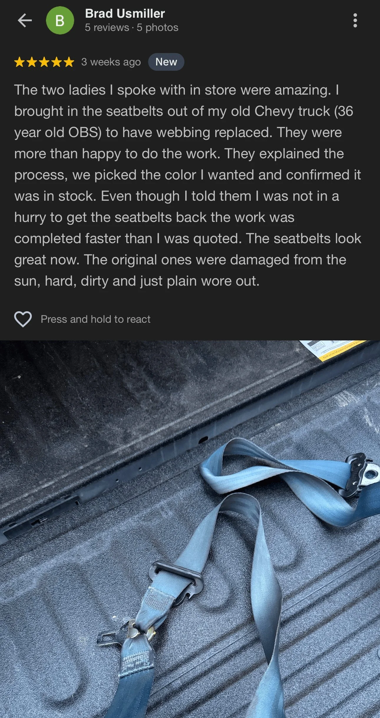 Screenshot of a 5-star Google review by Brad Usmiller about seat belt webbing replacement, with his photo of the seat belts