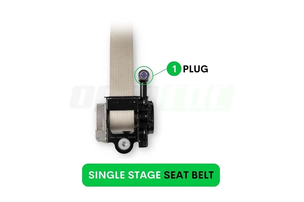 Single-stage seat belt retractor with one plug connector, labeled Single Stage Seat Belt