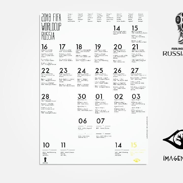 2018 FIFA World Cup Russia 
_
Follow all the action and fill in the results with your calendar.
Including all the fixtures, dates, times and stadiums.
All times CAT.
_
If you wish to buy any of the prints DM or ask for info@imagenatioco.com