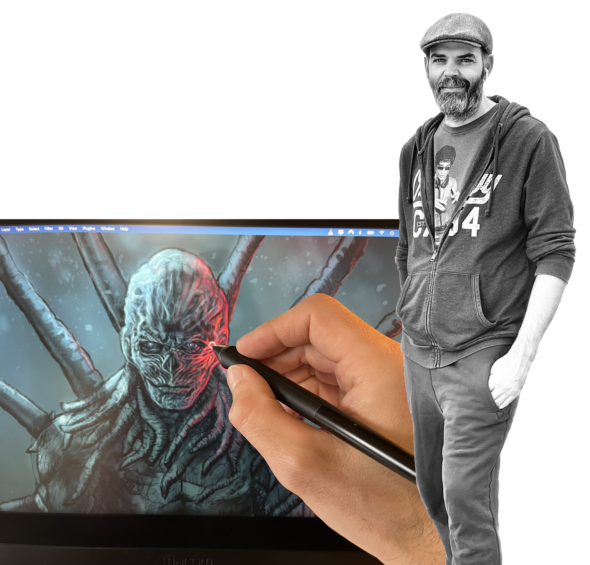 A person is using a stylus to draw a colorful skeleton on a digital tablet. The person has a light skin tone and is wearing a short-sleeved shirt. The drawing depicts a detailed skull with exposed bones and vibrant red and blue accents.