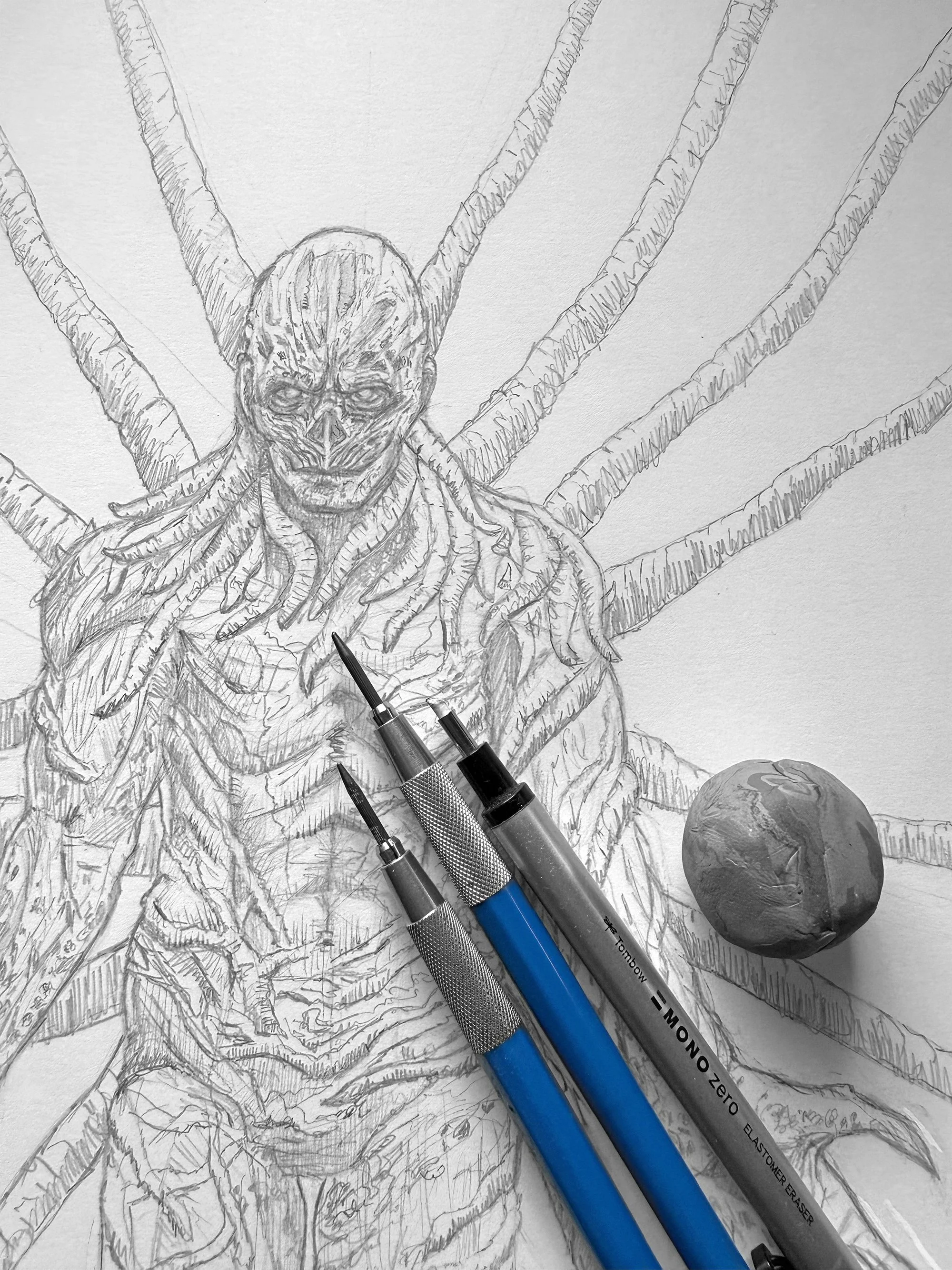 A detailed pencil drawing of Vecna from Stranger Things